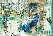 syende jantor-flickor som sy vid fonstret Carl Larsson